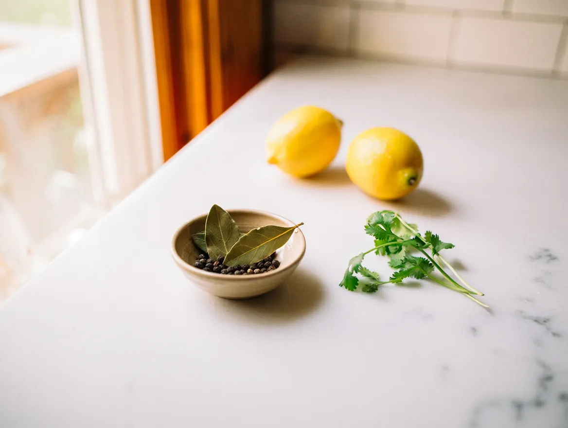 Minimalist kitchen scene with simple cooking ingredients and warm colors